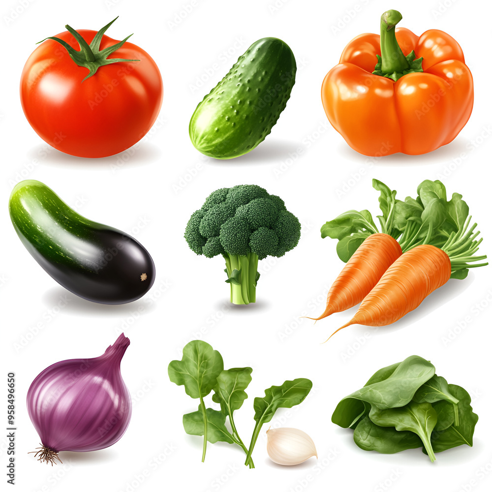 A realistic assortment of fresh vegetables isolated on a clean white background. A realistic assortment of fresh vegetables isolated on a clean white background.