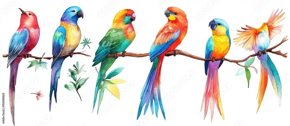 Obraz premium Vibrant Watercolor Illustration of Colorful Birds Perched on Branches