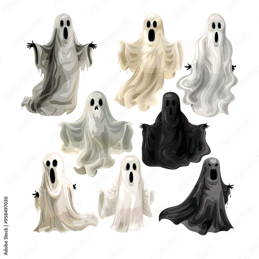 A spooky collection of cartoon ghosts in various poses and colors, perfect for Halloween designs. A spooky collection of cartoon ghosts in various poses and colors, perfect for Halloween designs.