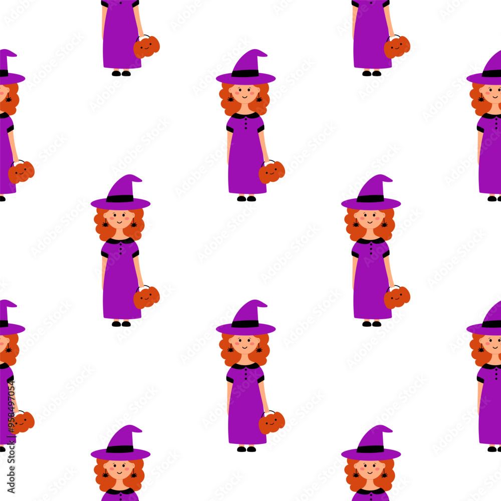 Cute Halloween witch seamless hand drawn vector pattern with pumpkin on white background. Cute Halloween witch seamless hand drawn vector pattern with pumpkin on white background.