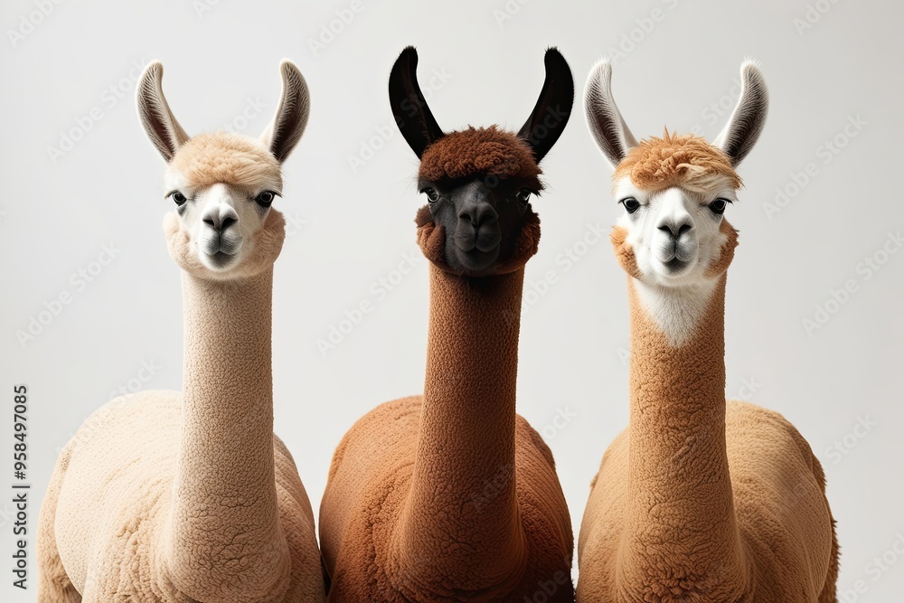 Fototapeta premium Three Llamas in Mixed Colors Staring Forward Against a White Background