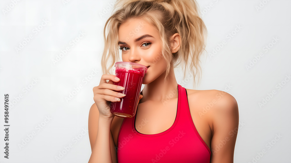 Beautiful blonde woman in exercise clothes drinking healthy berry juice in style on white background. Beautiful blonde woman in exercise clothes drinking healthy berry juice in style on white background.