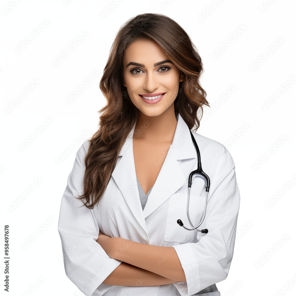 A frontal photo of a beautiful female doctor, arms crossed and smiling isolated on white background. A frontal photo of a beautiful female doctor, arms crossed and smiling isolated on white background.
