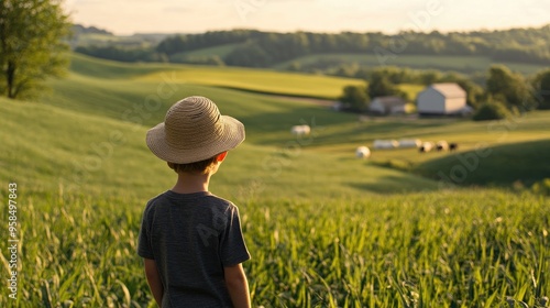 Young boy in a sun hat, standing on a green field with a dairy farm in the distance, back view emphasizing the vast landscape.