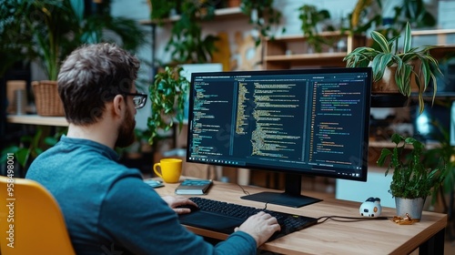 A programmer working on a computer in an inviting workspace filled with plants and coding projects under soft lighting. photo