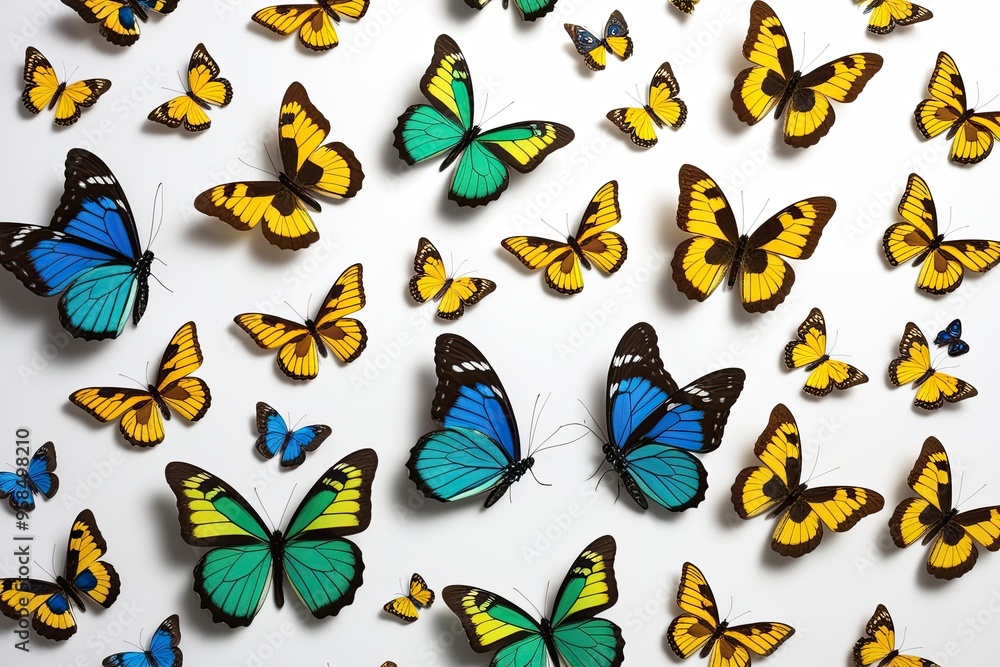 Fototapeta premium Stunning Collection of Isolated Blue Green and Yellow Butterflies on White Background