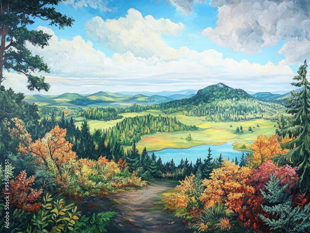 Oil painting depicting a panoramic view of a national park showcasing lush landscapes and vibrant scenery Oil painting depicting a panoramic view of a national park showcasing lush landscapes and vibrant scenery