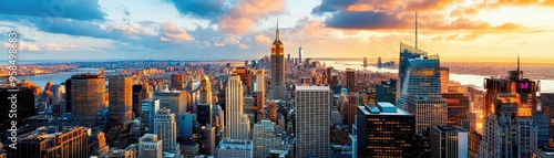 Stunning skyline at sunset, showcasing towering buildings and vibrant clouds over a bustling urban landscape.