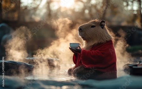 A capybara wearing a red robe, holding a steaming cup of tea amidst misty, golden backlight in nature. photo