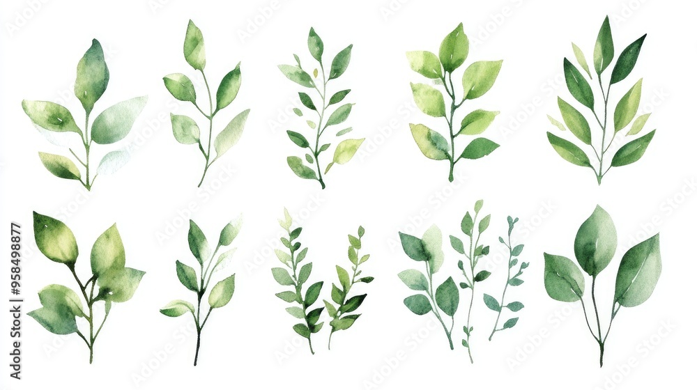 Elegant Watercolor Leaves Collection: A Serene Display of Botanical Artistry Elegant Watercolor Leaves Collection: A Serene Display of Botanical Artistry