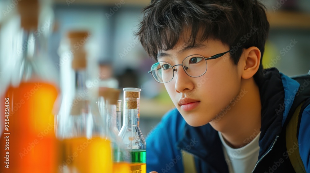 Young Student in Science Lab Studying Chemistry with Test Tubes and Beaker Young Student in Science Lab Studying Chemistry with Test Tubes and Beaker