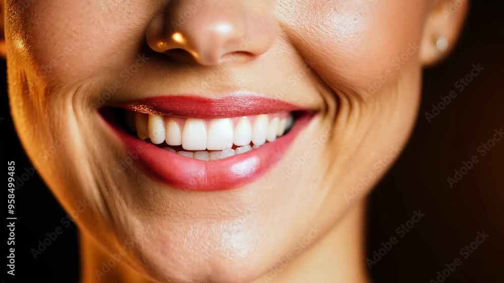Close-up of a bright smile with perfect teeth and vibrant red lips Close-up of a bright smile with perfect teeth and vibrant red lips