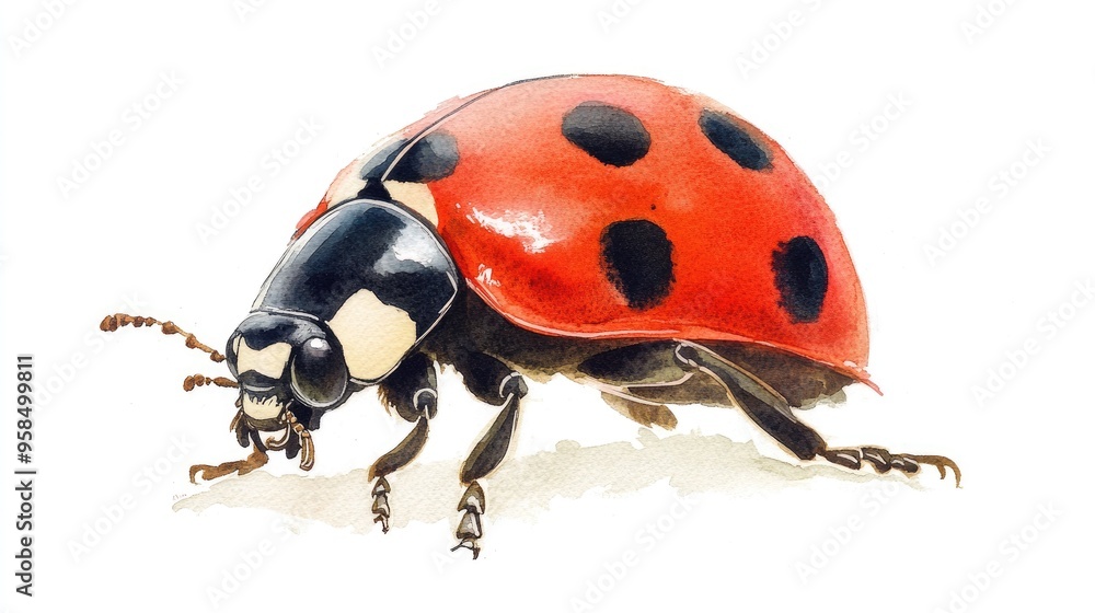 Fototapeta premium Vibrant Ladybug in Watercolor: A Detailed Insect Illustration Showcasing Nature's Beauty