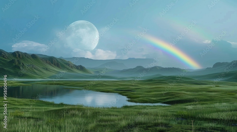 Obraz premium Landscape with moon and green hills of flood meadows. 3d render evening rainbow