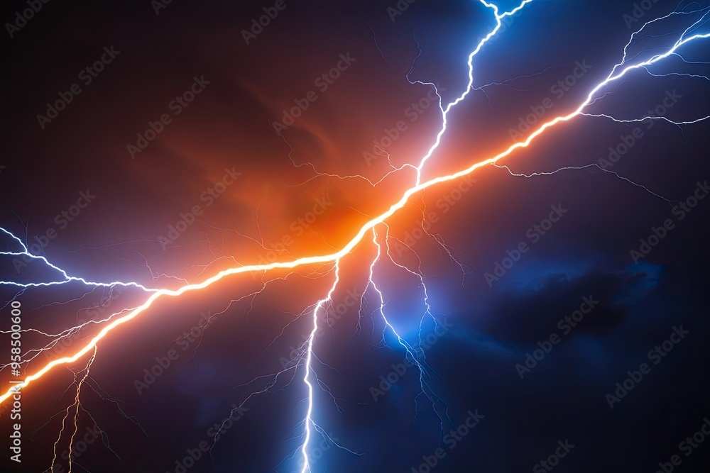 Vibrant Orange and Blue Lightning Strike on Energetic Background Vibrant Orange and Blue Lightning Strike on Energetic Background