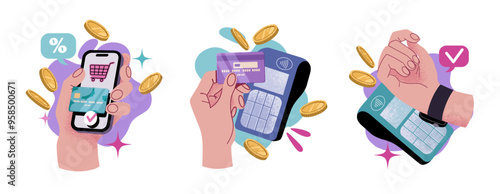 Hands paying with POS terminals. Contactless cashless payments with mobile phone, credit cards, apps and smart watches. Flat vector illustration isolated on white background