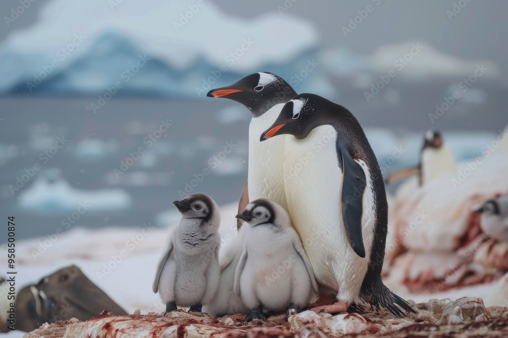 Obraz premium Gentoo penguin family in antarctic landscape AI