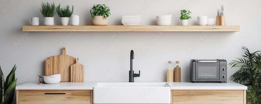 A bright and airy kitchen with a farmhouse sink and open shelving, perfect for a mock-up of kitchen appliances, featuring rustic-modern interior design. A bright and airy kitchen with a farmhouse sink and open shelving, perfect for a mock-up of kitchen appliances, featuring rustic-modern interior design.