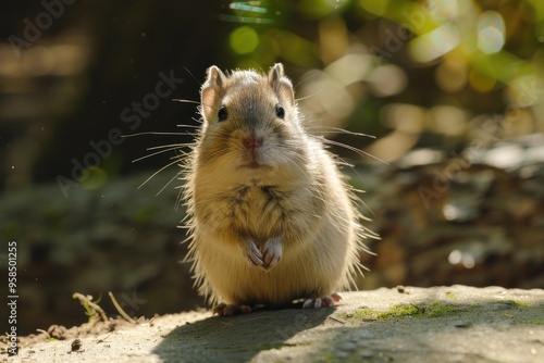 Adorable gerbil in sunlit forest setting AI photo