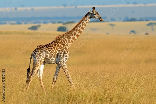 Majestic giraffe walking through lush savannah in golden sunlight AI