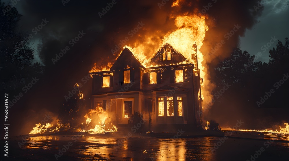 Residential house on fire, night scene with flames raging through the structure, smoke billowing, ideal for insurance purposes and emergency documentation Residential house on fire, night scene with flames raging through the structure, smoke billowing, ideal for insurance purposes and emergency documentation