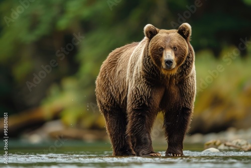 Majestic brown bear strolling through tranquil forest stream AI