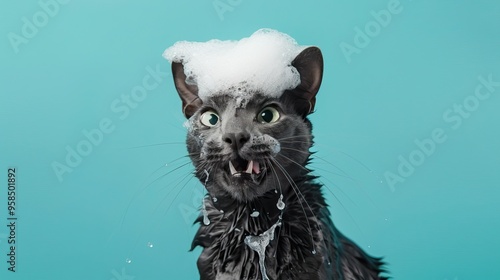 A playful cat with soap bubbles on its head, showcasing a humorous and lively expression against a vibrant turquoise background.