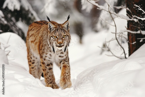 Majestic eurasian lynx stealthily prowling through snowy winter forest AI