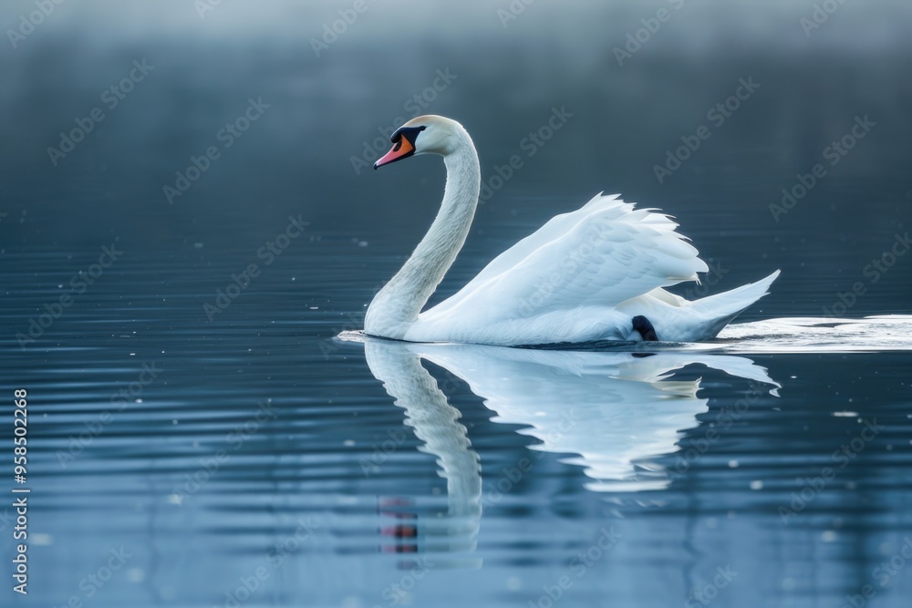 Fototapeta premium Elegant swan gliding on tranquil lake with majestic reflection on calm water AI