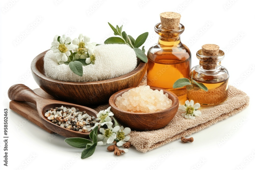 Spa products with towel and flowers. This image is perfect for websites or advertisements promoting relaxation, wellness, and beauty. Spa products with towel and flowers. This image is perfect for websites or advertisements promoting relaxation, wellness, and beauty.