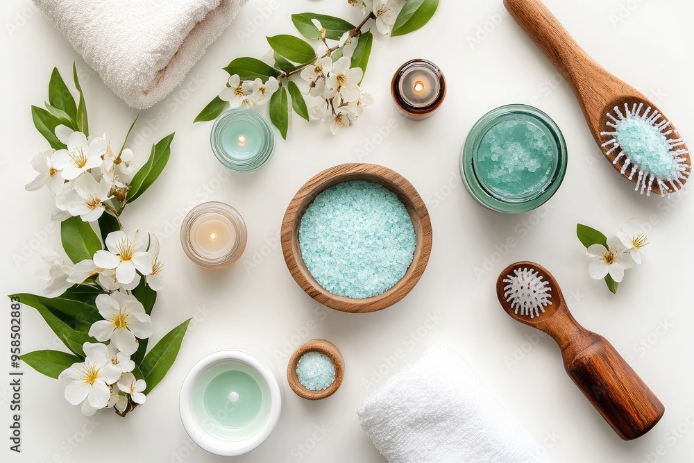 Spa supplies on white background. Perfect for promoting beauty, relaxation, and wellness.
