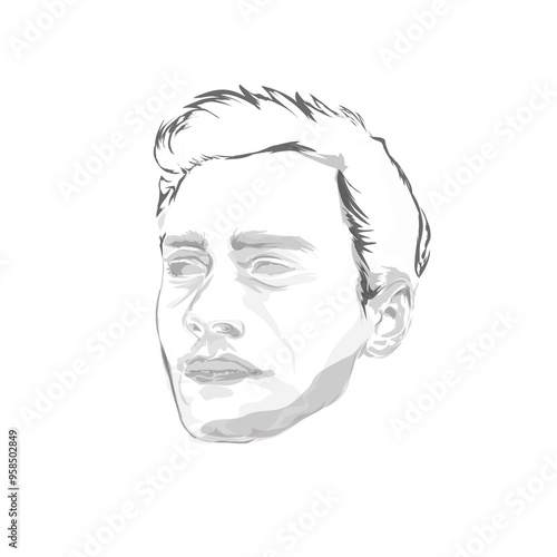 black abstract line sketch drawing of a man's face on a white background