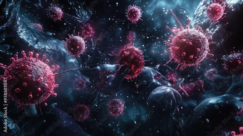 A vivid representation of microscopic viruses in a dark, surreal setting showcasing intricate details and vibrant colors. A vivid representation of microscopic viruses in a dark, surreal setting showcasing intricate details and vibrant colors.