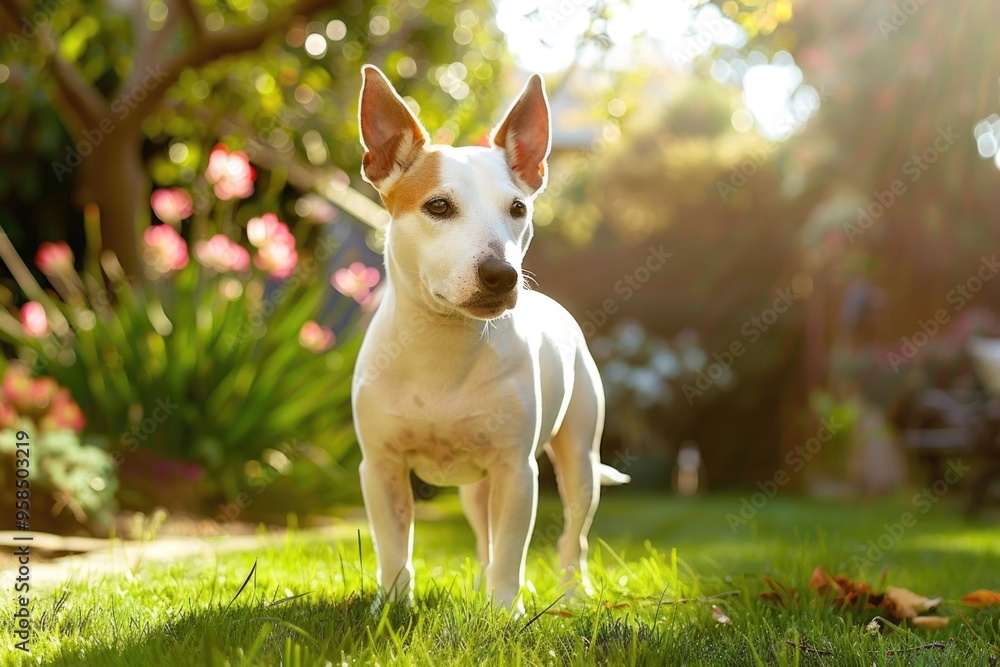 Playful bull terrier in sunlit garden setting AI Playful bull terrier in sunlit garden setting AI