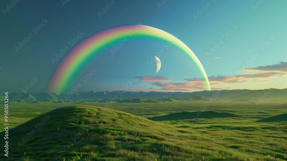 Naklejka premium Landscape with moon and green hills of flood meadows. 3d render evening rainbow