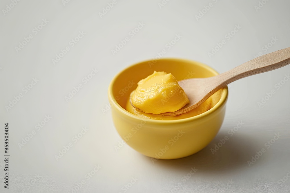 Ghee in a yellow bowl with a wooden spoon. This image can be used to illustrate articles about cooking, food, or Indian cuisine. Ghee in a yellow bowl with a wooden spoon. This image can be used to illustrate articles about cooking, food, or Indian cuisine.