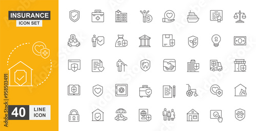 Insurance icon set. Finance, medicine, home, saving and more line icon.