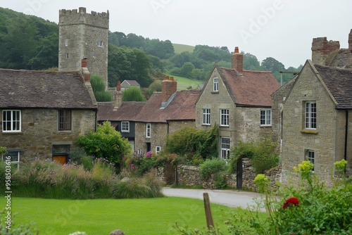 A small village with a church and houses. The houses are made of stone and have a rustic feel. The village is surrounded by a lush green field and a forest. The sky is cloudy photo