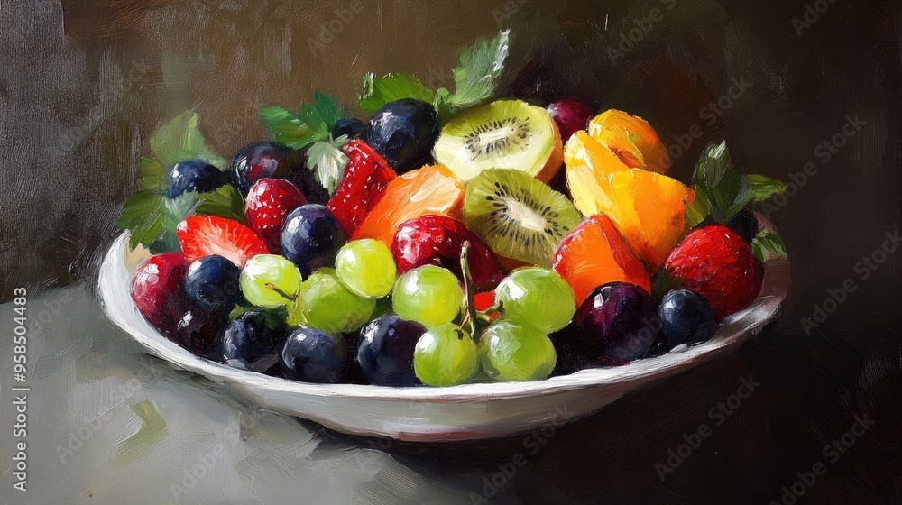 Oil painting depicting a vibrant assortment of fresh fruits in a salad showcasing a healthy dessert option Oil painting depicting a vibrant assortment of fresh fruits in a salad showcasing a healthy dessert option