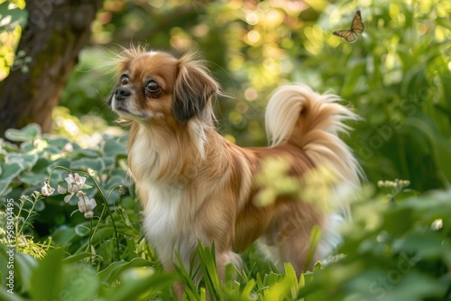 Tibetan spaniel in a lush garden with butterfly - serene nature moment for pet lovers AI photo