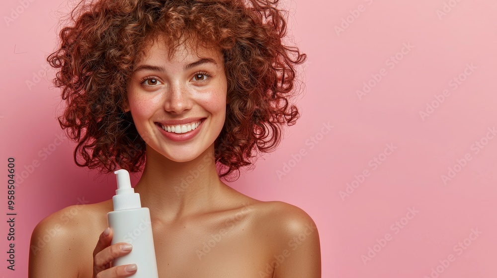 Smiling woman with glowing skin and curly hair, holding a white lotion bottle, embodying the essence of self-love and skincare indulgence Smiling woman with glowing skin and curly hair, holding a white lotion bottle, embodying the essence of self-love and skincare indulgence
