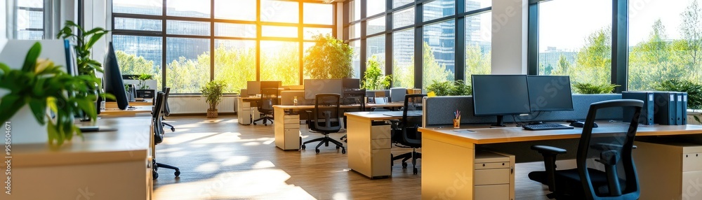 Bright and modern office space with natural light, plants, and contemporary furniture, ideal for productivity and creativity. Bright and modern office space with natural light, plants, and contemporary furniture, ideal for productivity and creativity.