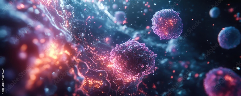 A stunning visualization of cells interacting in a vibrant, colorful microscopic world filled with energy and movement. A stunning visualization of cells interacting in a vibrant, colorful microscopic world filled with energy and movement.