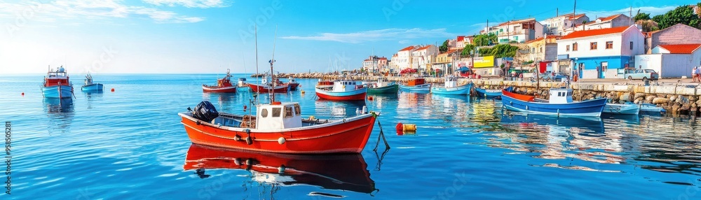 Vibrant coastal scene featuring colorful boats reflected in tranquil water with picturesque buildings in the background. Vibrant coastal scene featuring colorful boats reflected in tranquil water with picturesque buildings in the background.