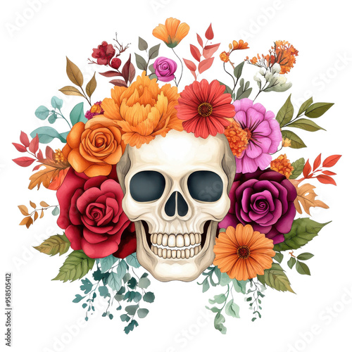 Skull with Floral Wreath Day of the Dead Mexican Culture Halloween Illustration