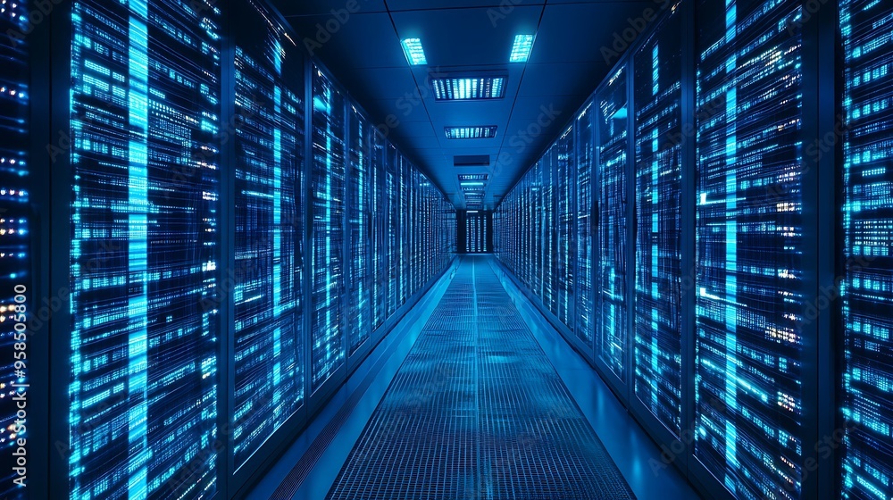 Blue Glowing Server Room Corridor Blue Glowing Server Room Corridor