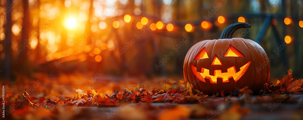 A glowing pumpkin surrounded by autumn leaves, capturing the essence of Halloween with warm sunset lighting. A glowing pumpkin surrounded by autumn leaves, capturing the essence of Halloween with warm sunset lighting.