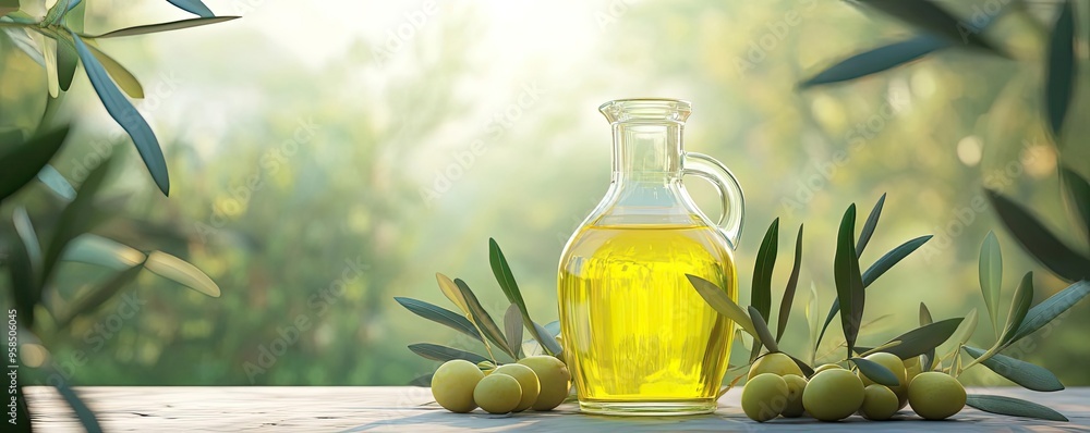 A vibrant setting featuring a bottle of olive oil, surrounded by fresh olives and natural light, evoking a sense of freshness and health. A vibrant setting featuring a bottle of olive oil, surrounded by fresh olives and natural light, evoking a sense of freshness and health.