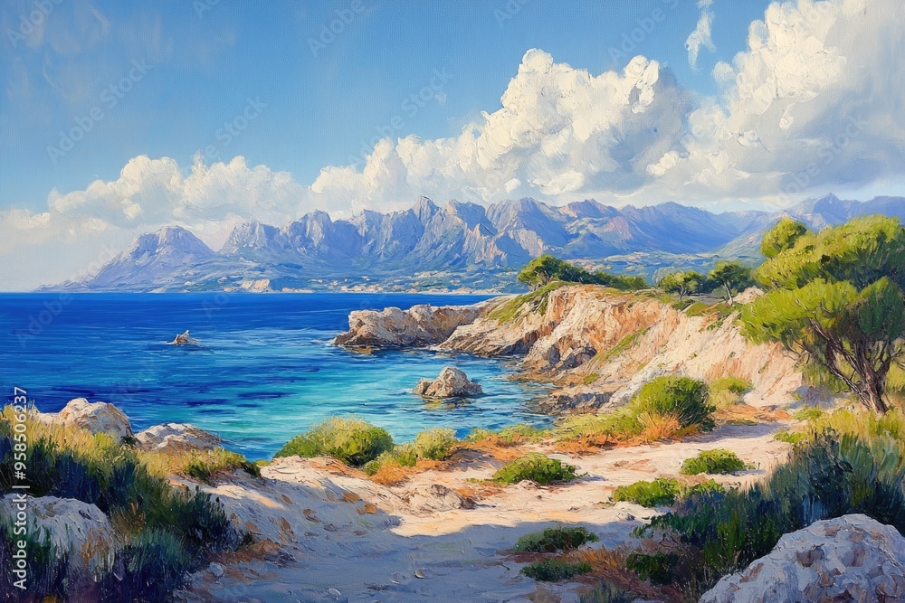 Oil painting depicting a stunning coastal scene with Cala Agulla showcasing vibrant colors and serene beauty of the seaside landscape Oil painting depicting a stunning coastal scene with Cala Agulla showcasing vibrant colors and serene beauty of the seaside landscape