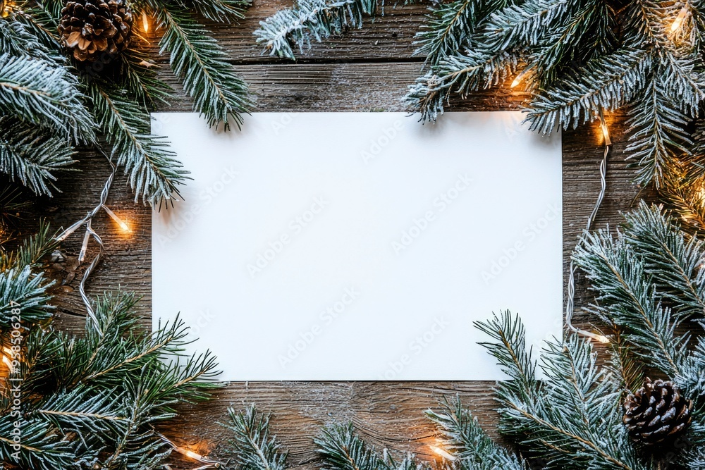 White Paper on Wooden Surface Decorated with Frosted Pine Branches and String Lights White Paper on Wooden Surface Decorated with Frosted Pine Branches and String Lights